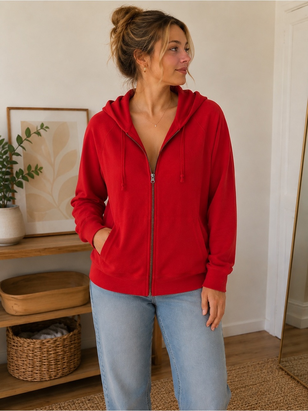 Woolrich Red Zip Hoodie Lightweight Full Zip Sweatshirt Women XL Casual Travel
